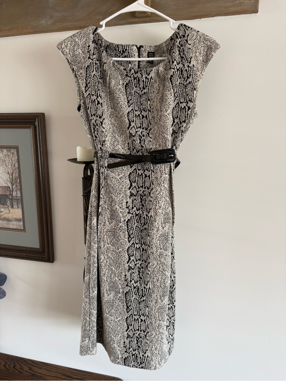 Saks Fifth Avenue Black & White Snake-Print Midi Dress with Belt